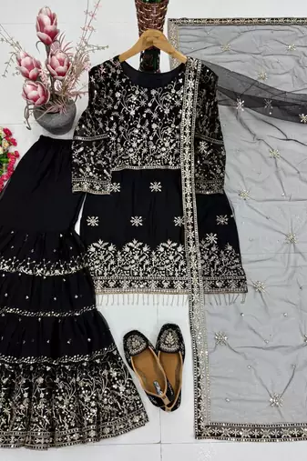 Black heavy faux georgette party wear embroidery sharara suit set