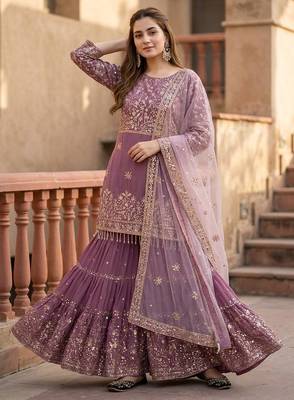 Lavender heavy faux georgette party wear embroidery sharara suit set 1