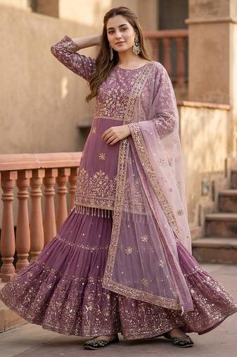 Lavender heavy faux georgette party wear embroidery sharara suit set