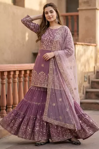 Lavender heavy faux georgette party wear embroidery sharara suit set