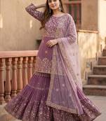 Lavender heavy faux georgette party wear embroidery sharara suit set