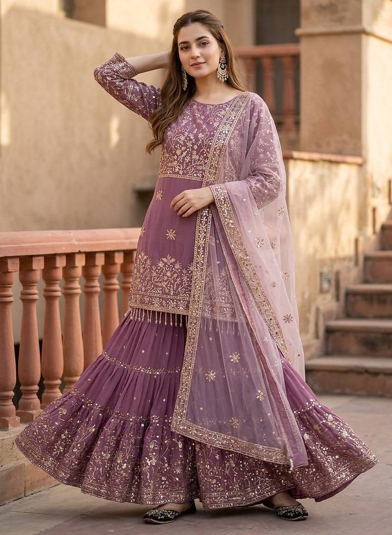 Lavender heavy faux georgette party wear embroidery sharara suit set