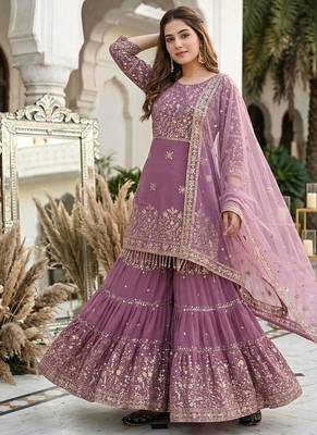 Lavender heavy faux georgette party wear embroidery sharara suit set 2