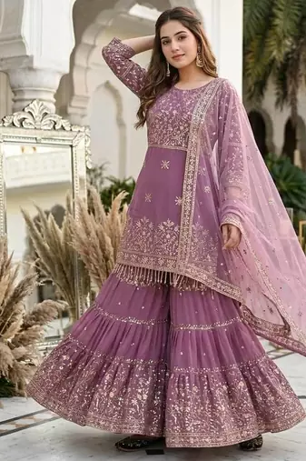 Lavender heavy faux georgette party wear embroidery sharara suit set