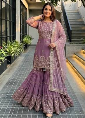 Lavender heavy faux georgette party wear embroidery sharara suit set 3