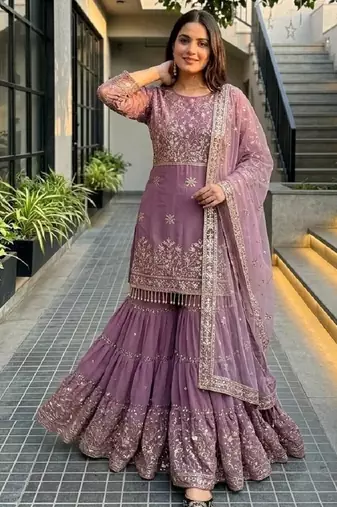 Lavender heavy faux georgette party wear embroidery sharara suit set