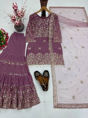 Lavender heavy faux georgette party wear embroidery sharara suit set 4