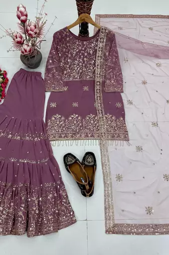 Lavender heavy faux georgette party wear embroidery sharara suit set