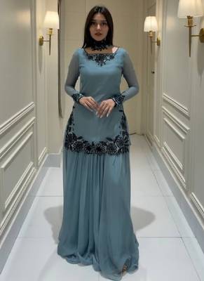 Grey pure faux georgette party wear embroidery sharara suit set 1