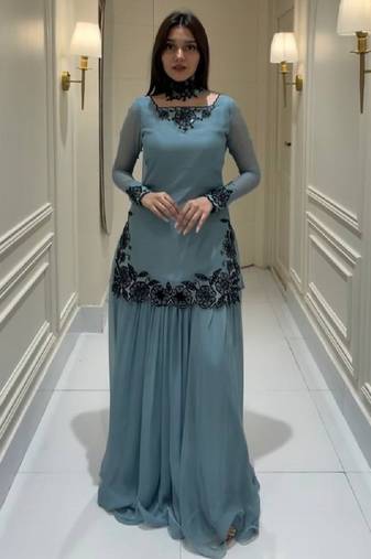 Grey pure faux georgette party wear embroidery sharara suit set