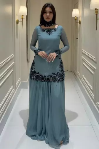 Grey pure faux georgette party wear embroidery sharara suit set
