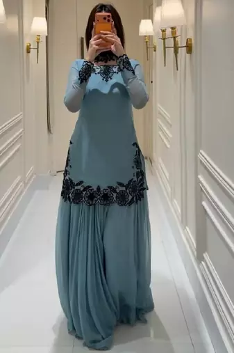 Grey pure faux georgette party wear embroidery sharara suit set