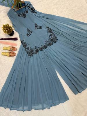 Grey pure faux georgette party wear embroidery sharara suit set 4