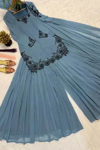 Grey pure faux georgette party wear embroidery sharara suit set