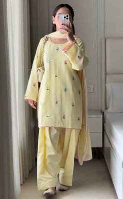 Yellow roman cotton party wear embroidery farshi salwar suit set 1