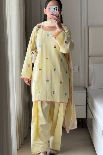 Yellow roman cotton party wear embroidery farshi salwar suit set
