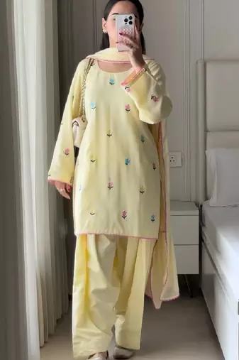 Yellow roman cotton party wear embroidery farshi salwar suit set