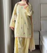 Yellow roman cotton party wear embroidery farshi salwar suit set