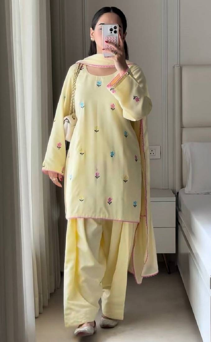 Yellow roman cotton party wear embroidery farshi salwar suit set