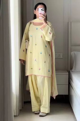 Yellow roman cotton party wear embroidery farshi salwar suit set