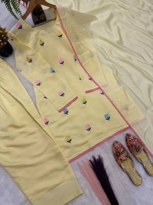 Yellow roman cotton party wear embroidery farshi salwar suit set 4