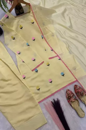 Yellow roman cotton party wear embroidery farshi salwar suit set