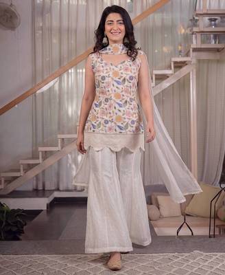 White heavy fandy silk party wear embroidery sharara suit set 2