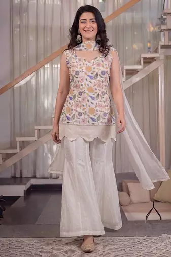 White heavy fandy silk party wear embroidery sharara suit set