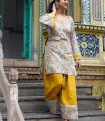 Yellow natural crepe party wear embroidery farshi salwar suit set