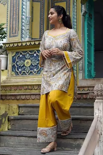 Yellow natural crepe party wear embroidery farshi salwar suit set