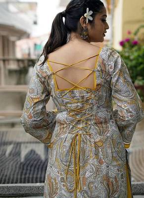 Yellow natural crepe party wear embroidery farshi salwar suit set 3