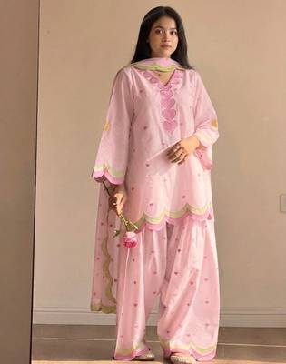 Pink mal chanderi cotton party wear embroidery farshi salwar suit set 1