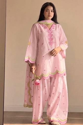 Pink mal chanderi cotton party wear embroidery farshi salwar suit set