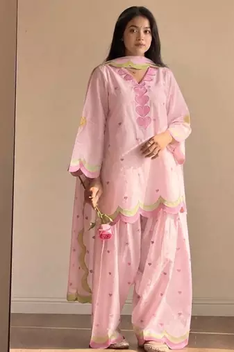 Pink mal chanderi cotton party wear embroidery farshi salwar suit set
