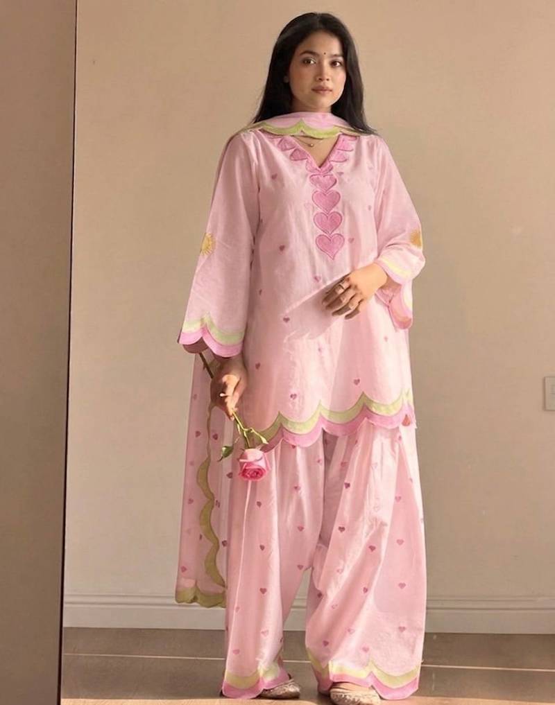 Pink mal chanderi cotton party wear embroidery farshi salwar suit set