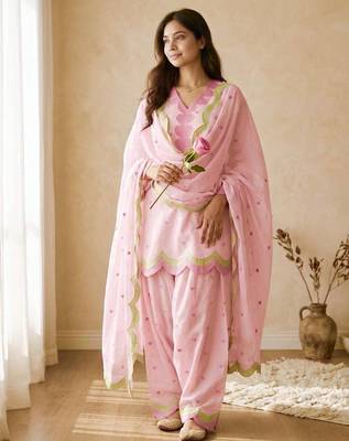 Pink mal chanderi cotton party wear embroidery farshi salwar suit set 2