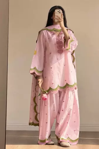 Pink mal chanderi cotton party wear embroidery farshi salwar suit set