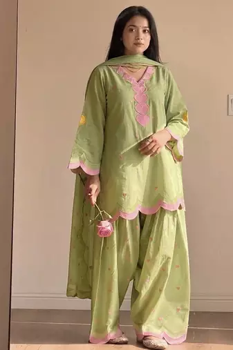Green mal chanderi cotton party wear embroidery farshi salwar suit set