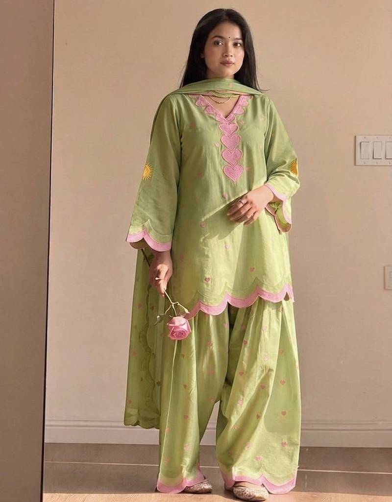 Green mal chanderi cotton party wear embroidery farshi salwar suit set