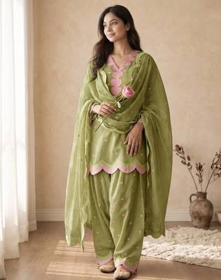 Green mal chanderi cotton party wear embroidery farshi salwar suit set 2