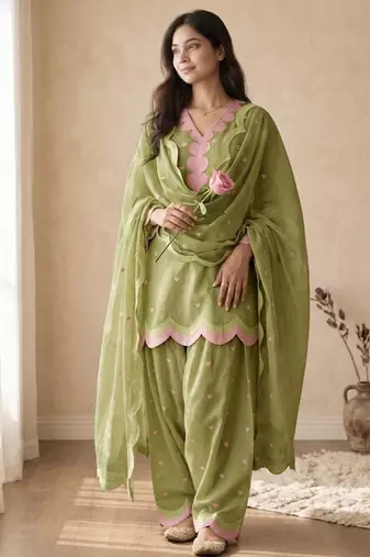 Green mal chanderi cotton party wear embroidery farshi salwar suit set