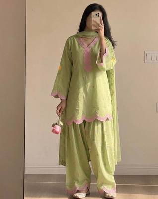Green mal chanderi cotton party wear embroidery farshi salwar suit set 3