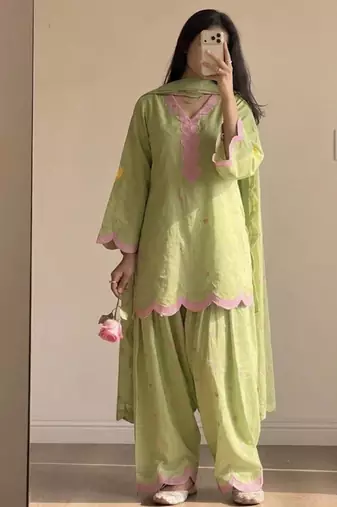 Green mal chanderi cotton party wear embroidery farshi salwar suit set