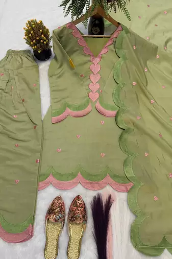 Green mal chanderi cotton party wear embroidery farshi salwar suit set