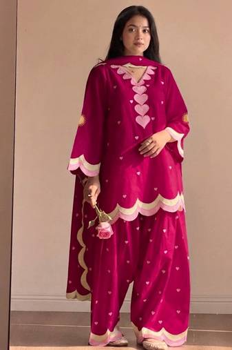 Dark rani pink mal chanderi cotton party wear embroidery farshi salwar suit set