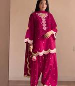 Dark rani pink mal chanderi cotton party wear embroidery farshi salwar suit set
