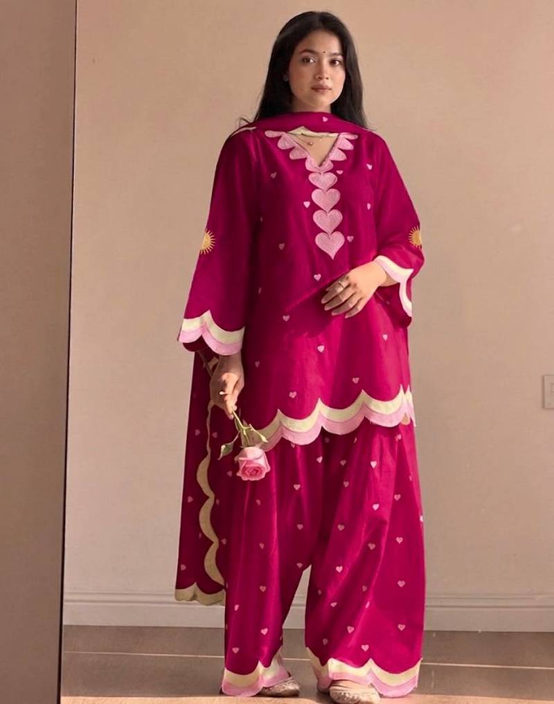Dark rani pink mal chanderi cotton party wear embroidery farshi salwar suit set