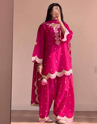 Dark rani pink mal chanderi cotton party wear embroidery farshi salwar suit set 2