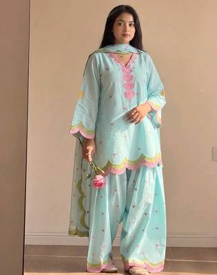 Electric blue mal chanderi cotton party wear embroidery farshi salwar suit set 1