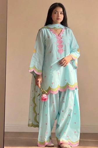 Electric blue mal chanderi cotton party wear embroidery farshi salwar suit set